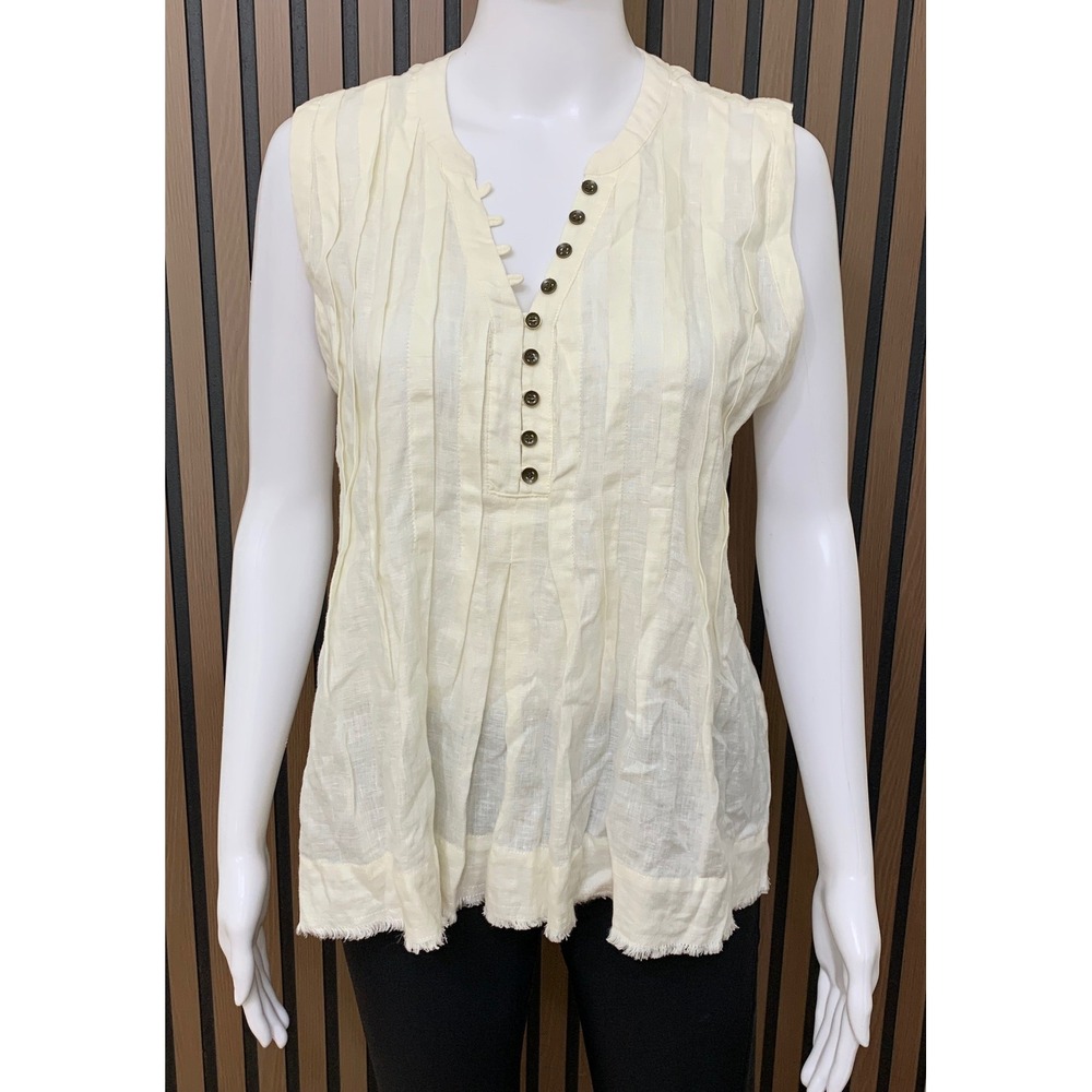 Sundance Women's Cream Pintuck Pleated 100% Linen Sleeveless Button Top Small